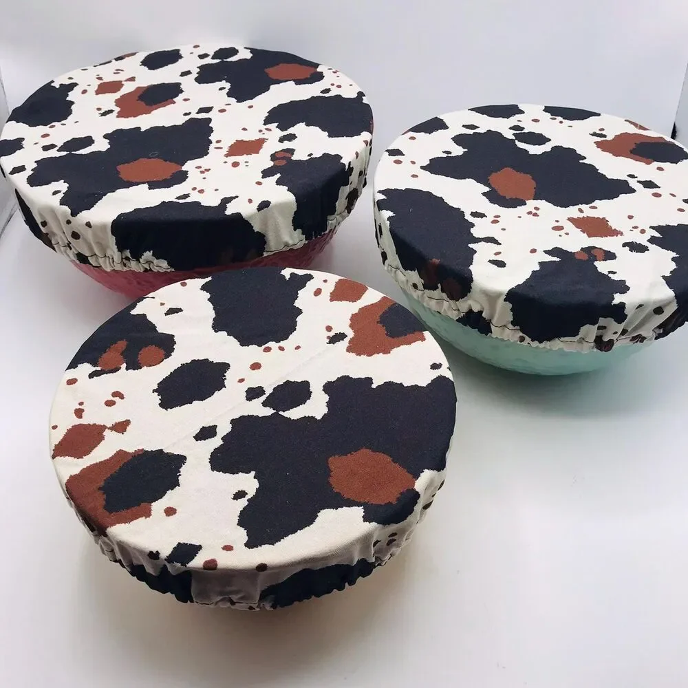 Cotton Bowl Cover For Sourdough, 3 Pc Set, Reusable Washable Cow Print Brown